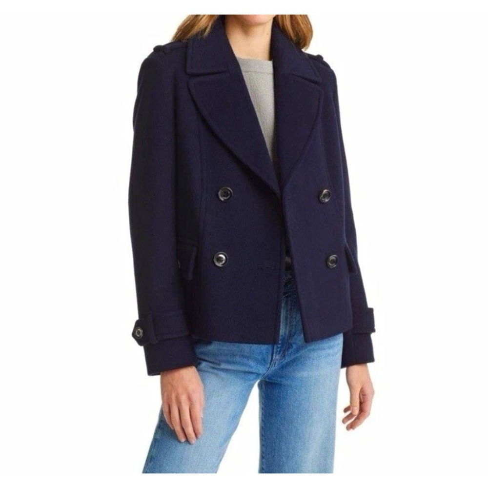Sam Edelman Women's Wool Blend Double Breasted Navy Pea Coat Size 10